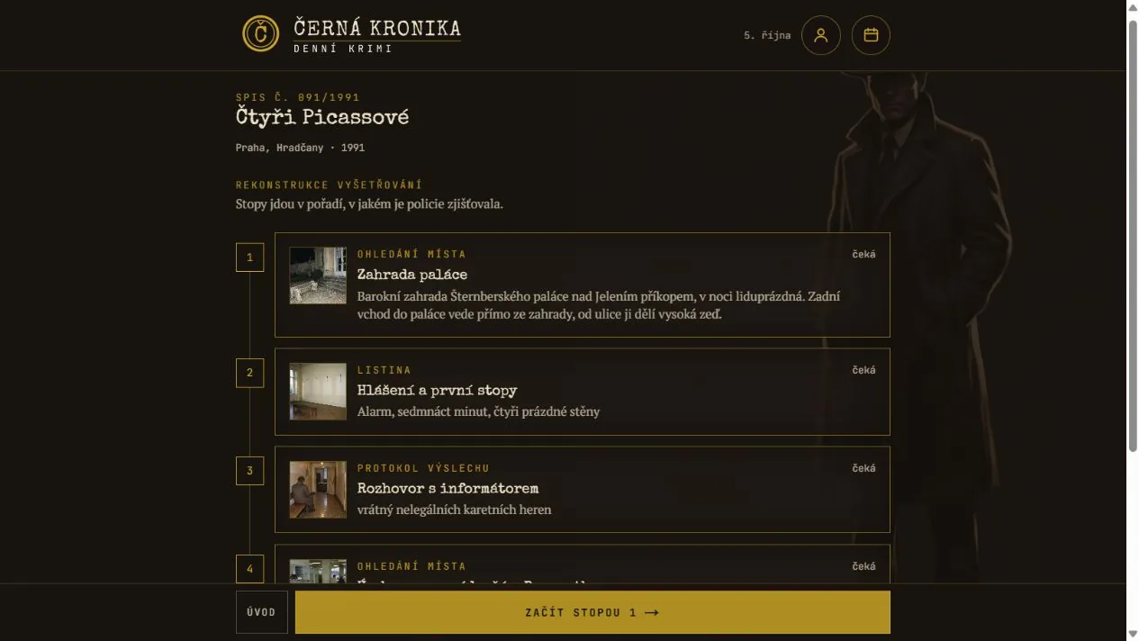 Spis s místy, listinami a výslechy / Case file with locations, documents and interviews