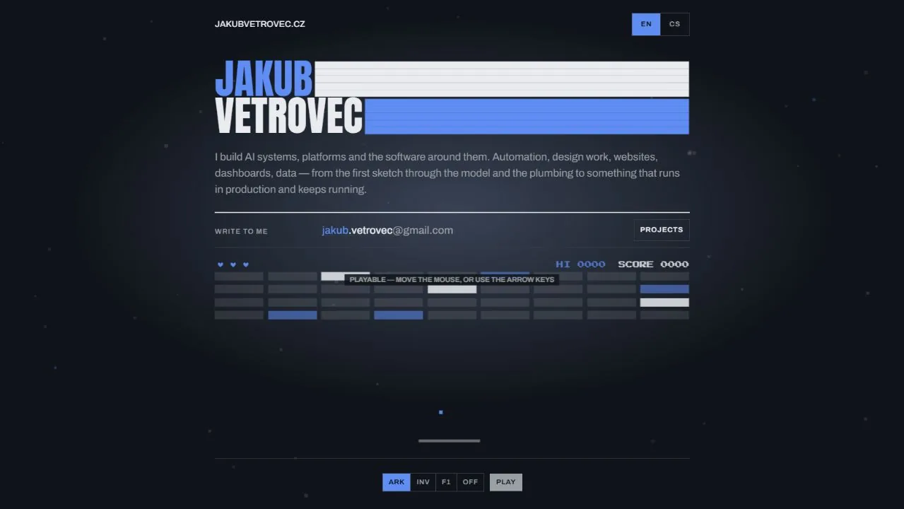 Osobní web a hra Arkanoid / Personal website and Arkanoid game